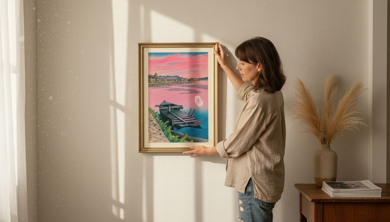 Collector placing Hasui print in vintage setting