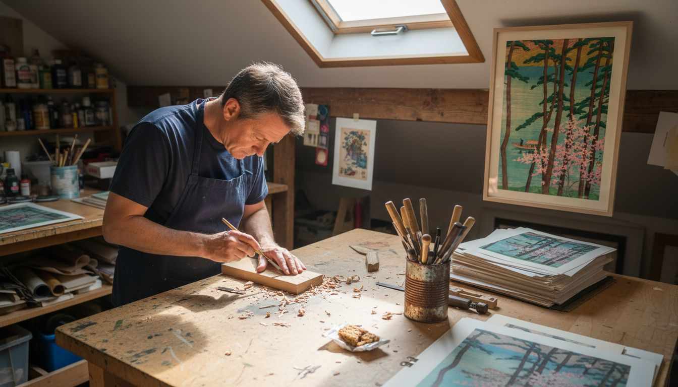 Artist carving woodblock in rustic studio