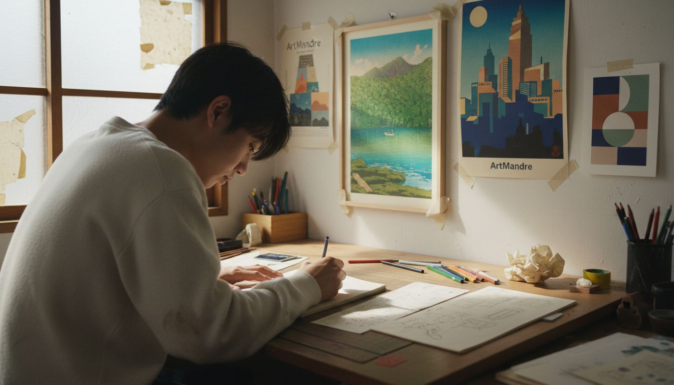 Designer sketching vintage poster ideas