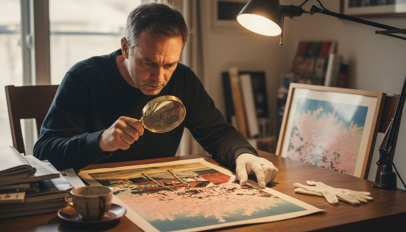 Collector inspecting Japanese poster at dining table