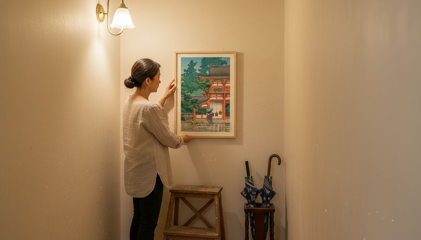 Hanging Japanese calligraphy scroll in hallway