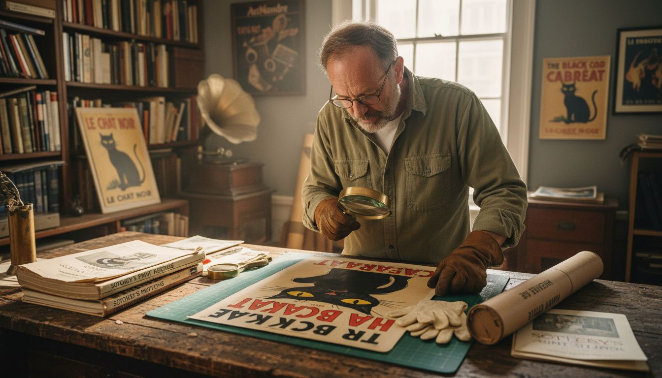 Collector inspecting vintage poster details