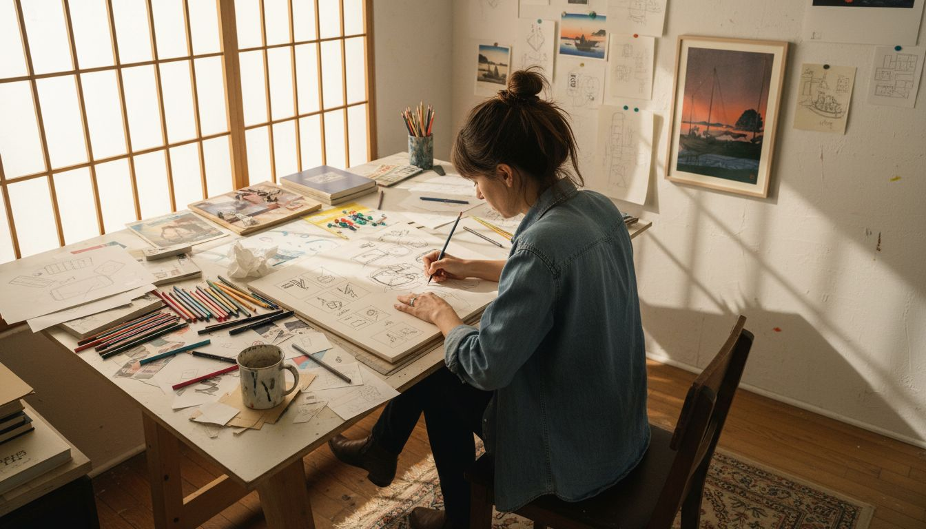 Designer sketching Japanese poster art concepts