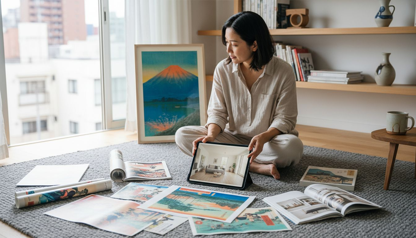 Woman choosing Japanese prints for her home