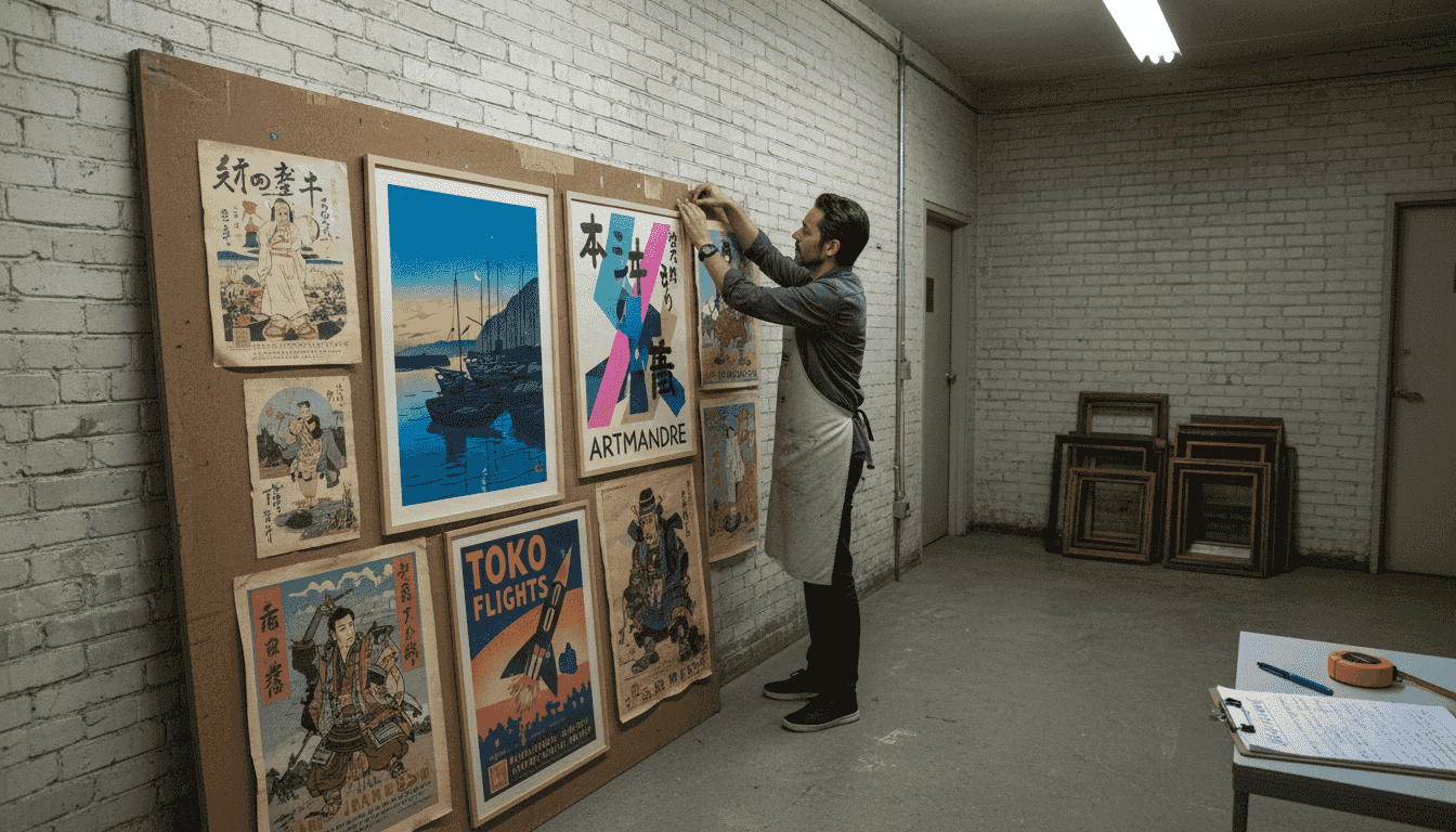Curator arranging posters by color and era