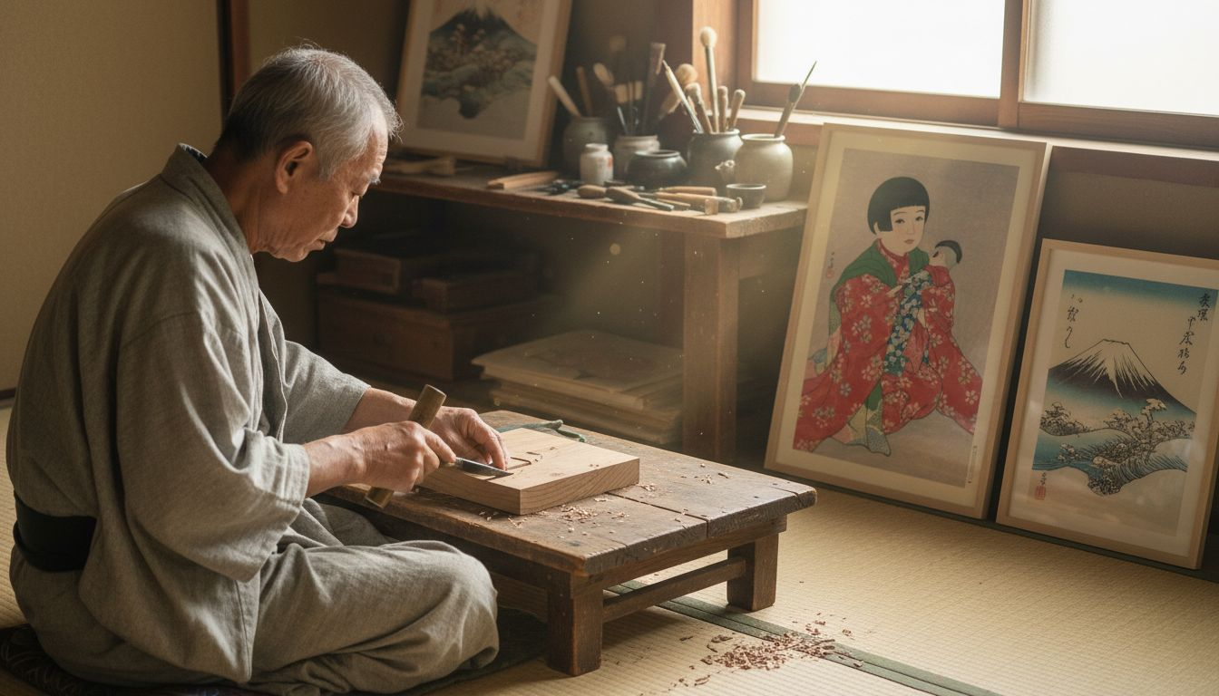 Japanese printmaker carving in cozy home studio