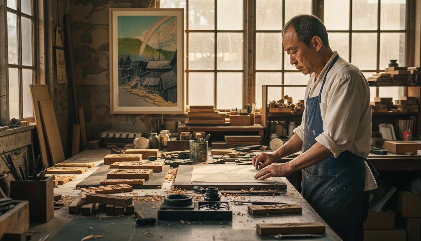 Artisan making woodblock print with tools