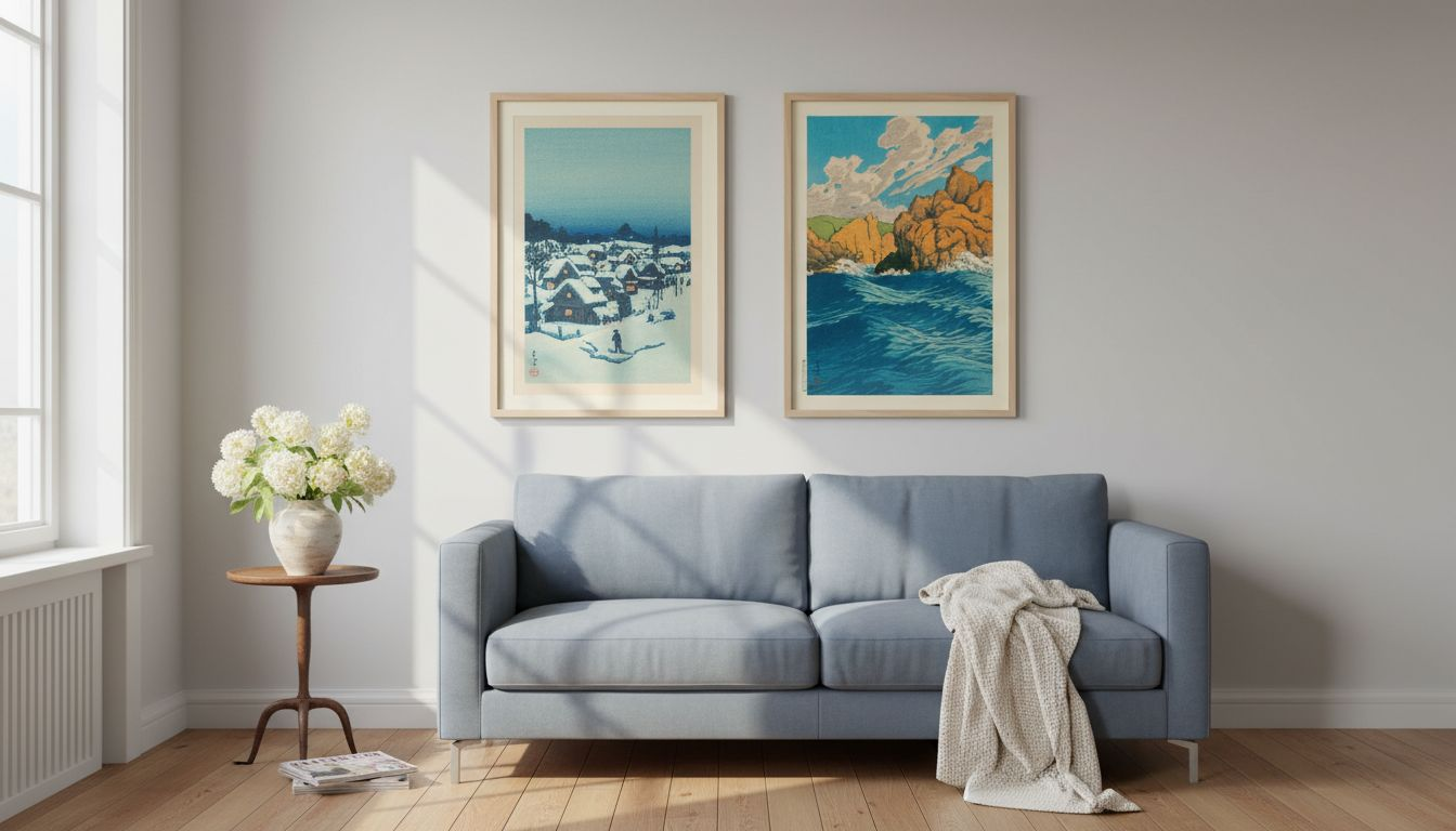 Living room with Kawase prints displayed