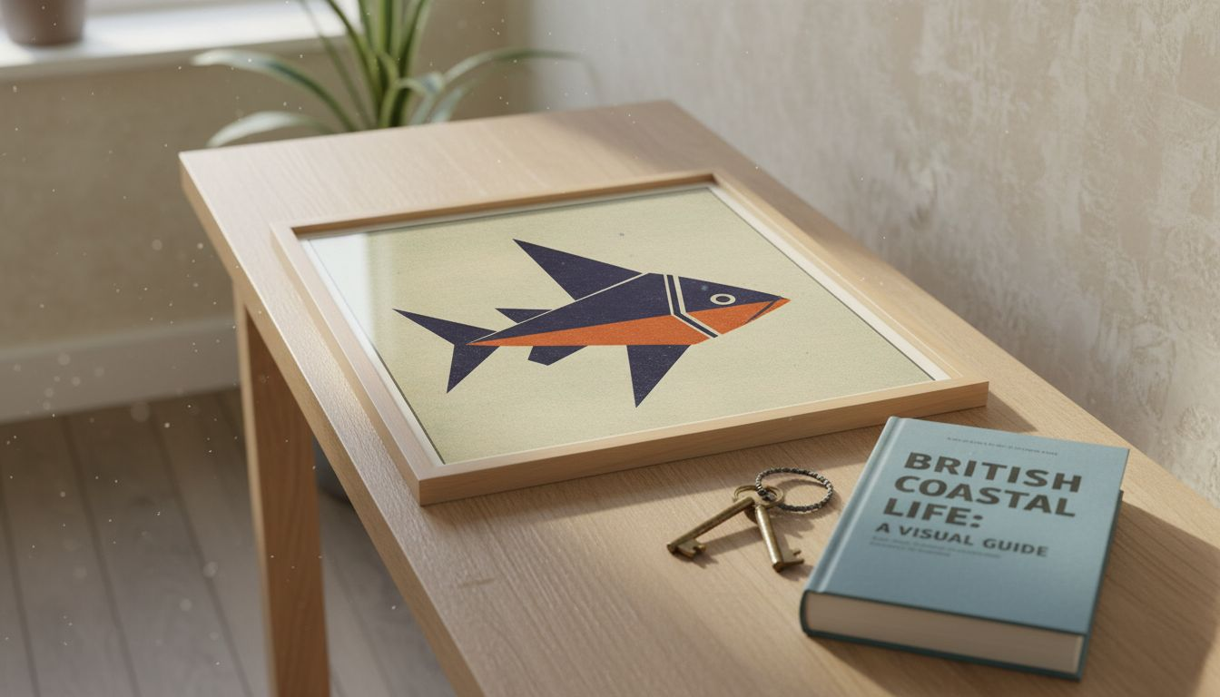 Framed retro fish print on hallway console