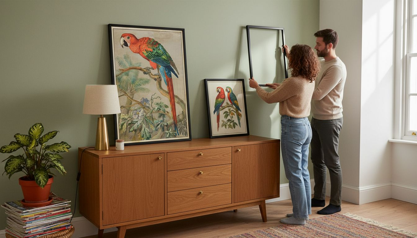 Couple arranging parrot prints in living room