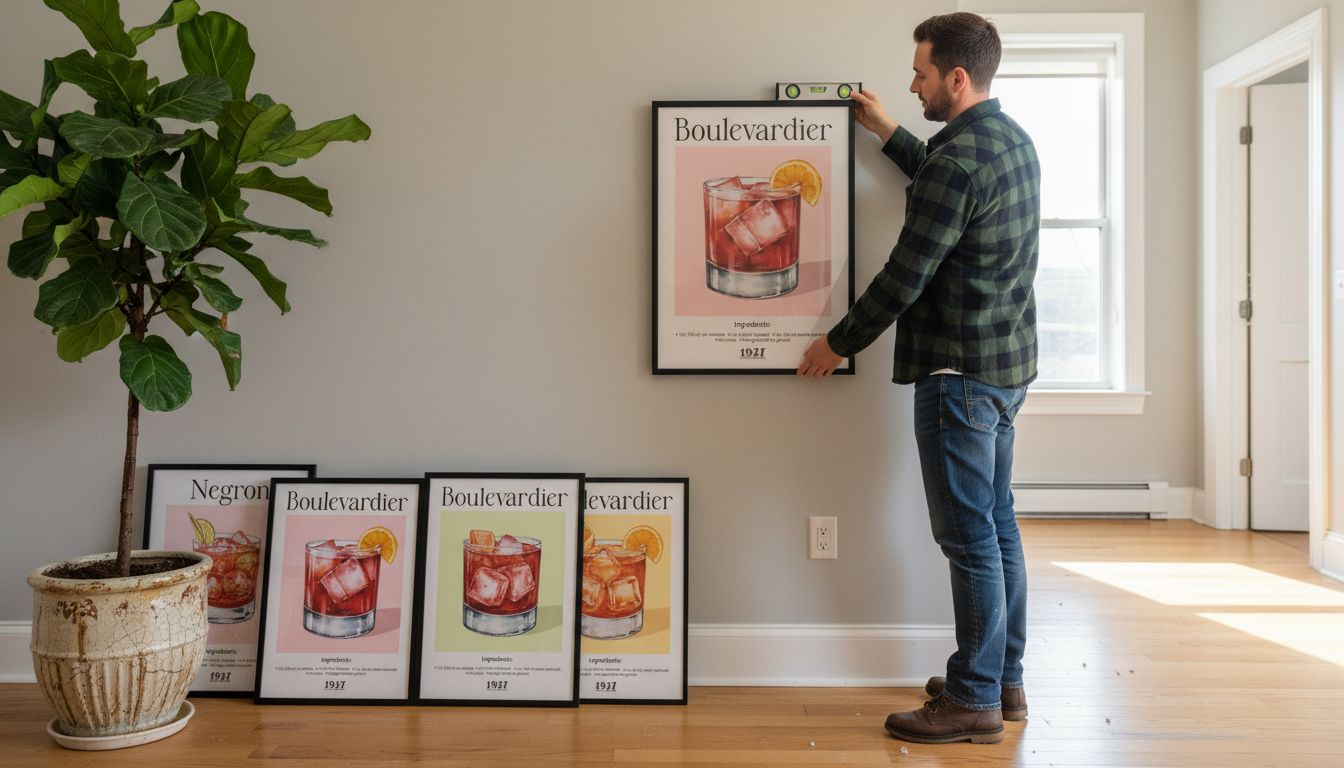 Framed vintage cocktail posters on hallway wall