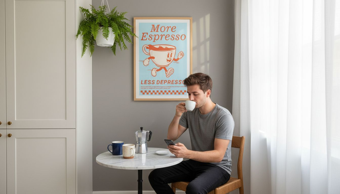 Modern kitchen with vintage coffee art display