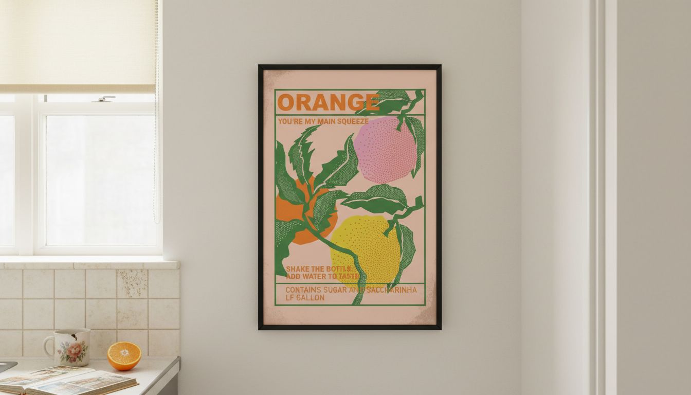 Framed orange travel poster in vintage kitchen
