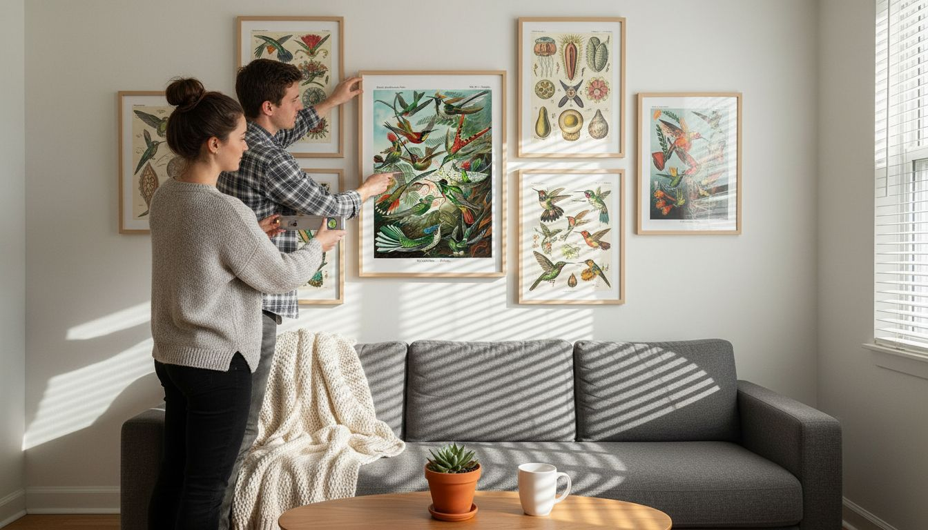 Couple arranging Haeckel prints in gallery wall