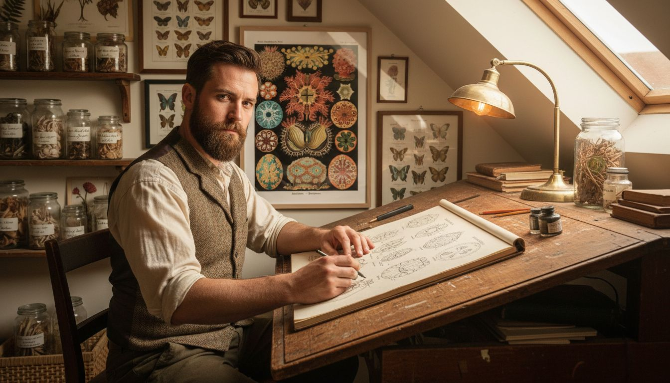 Artist at drafting table surrounded by vintage sketches