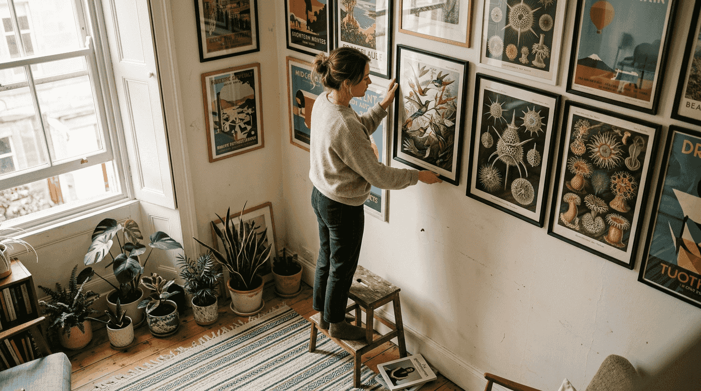 Woman arranging Haeckel vintage posters on wall