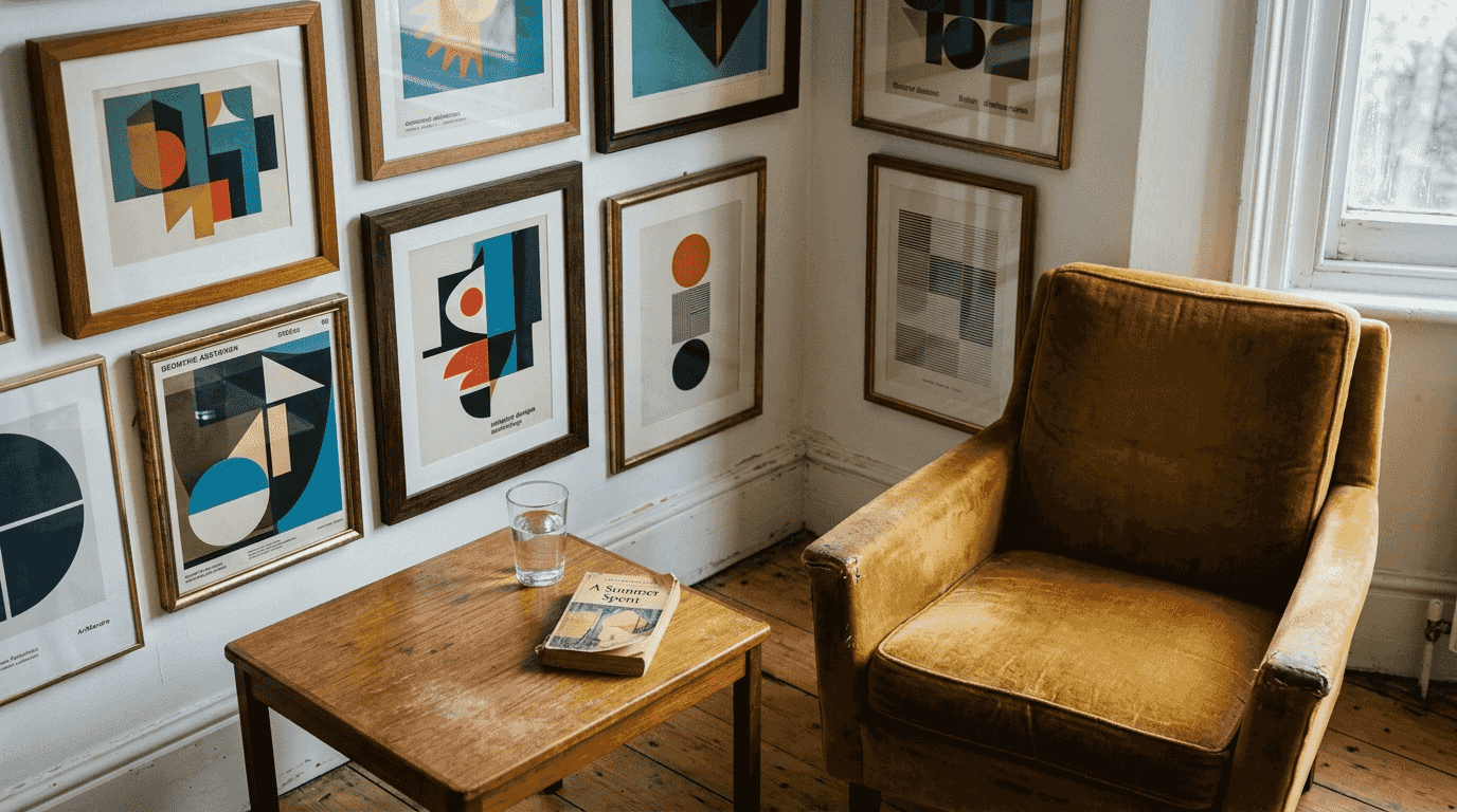 Close-up of retro art gallery wall scene