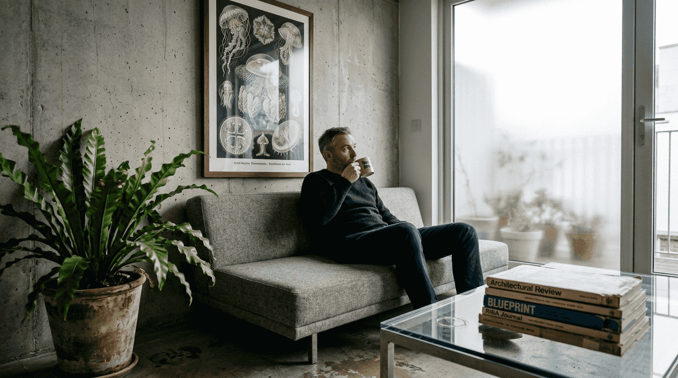 Man admiring Haeckel print in modern apartment