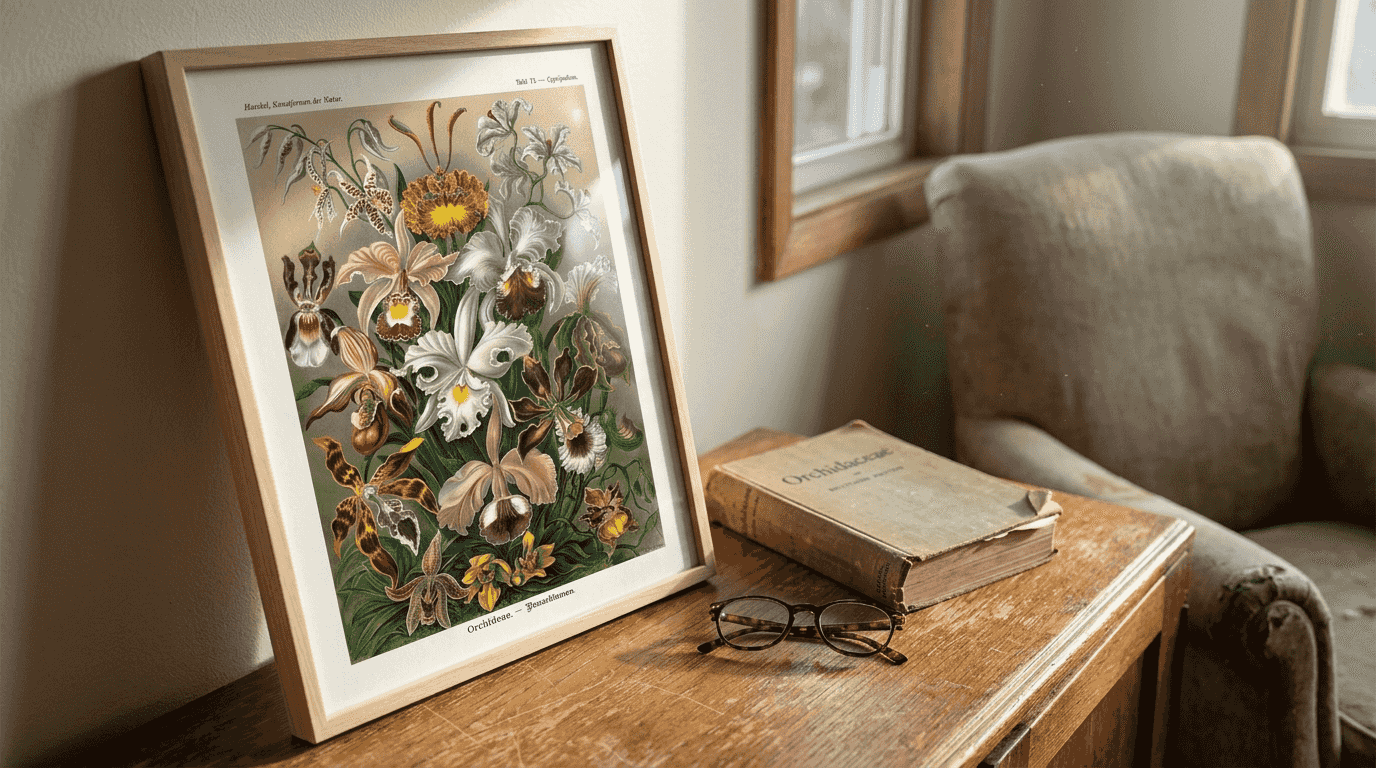 Close up of framed orchid poster and sideboard