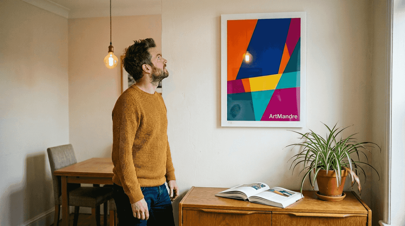Person viewing acrylic geometric print above sideboard