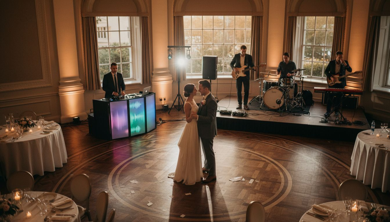 Couple dances with DJ and live band nearby
