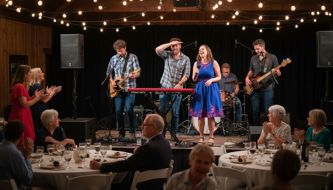 Wedding guests watch live band perform