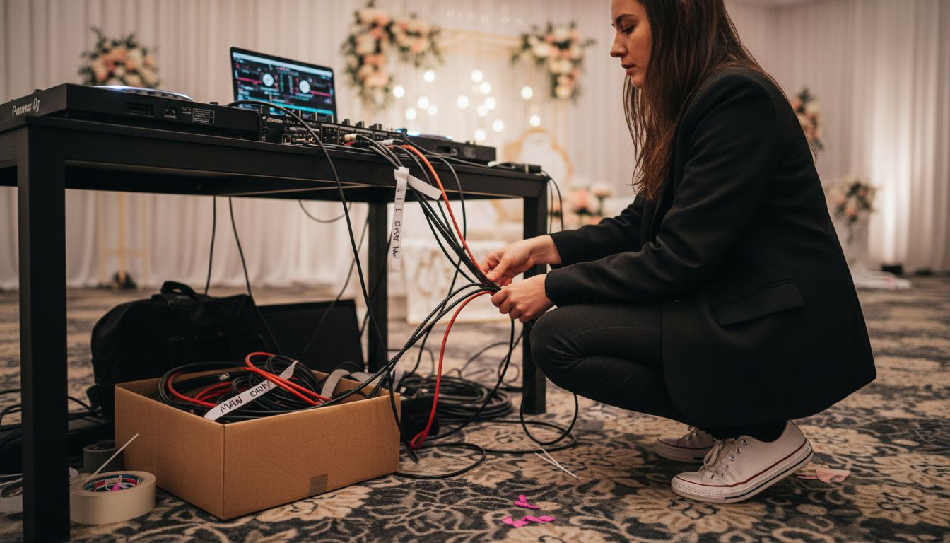 DJ organizing cables for wedding setup