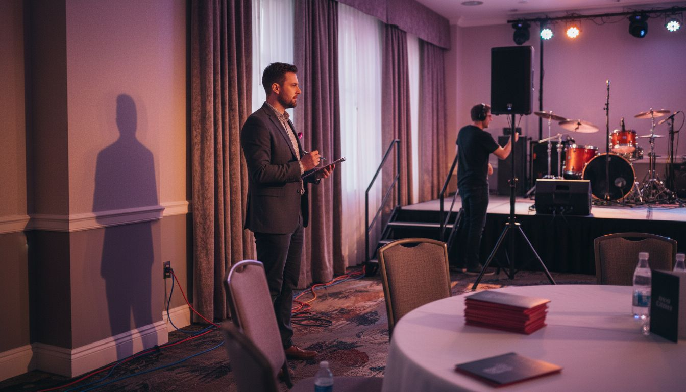 Event coordinator checks stage before performance