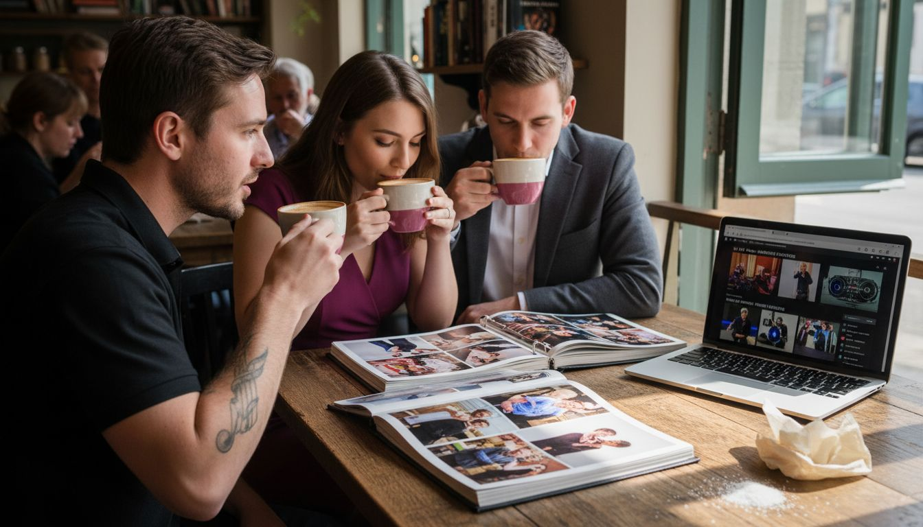 Couple meeting DJ over coffee reviewing videos