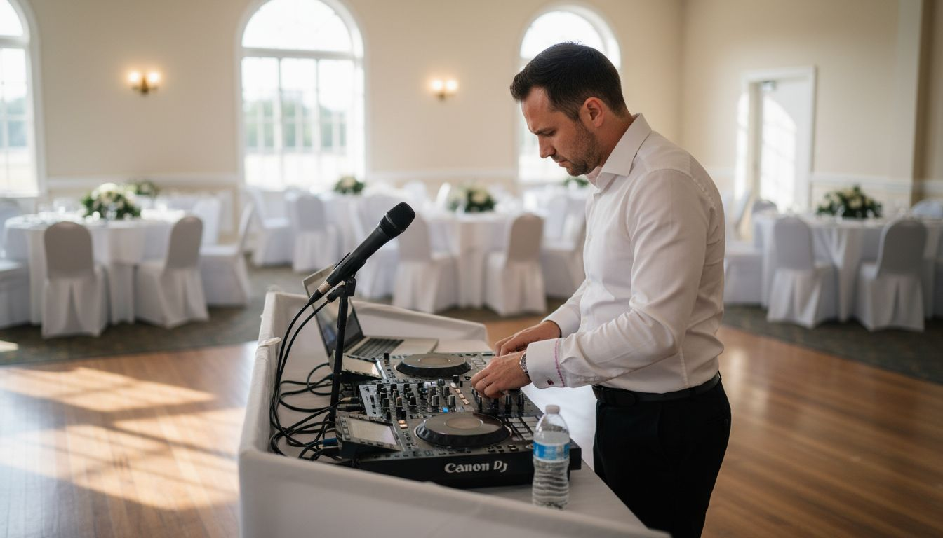 DJ adjusting equipment in wedding reception hall