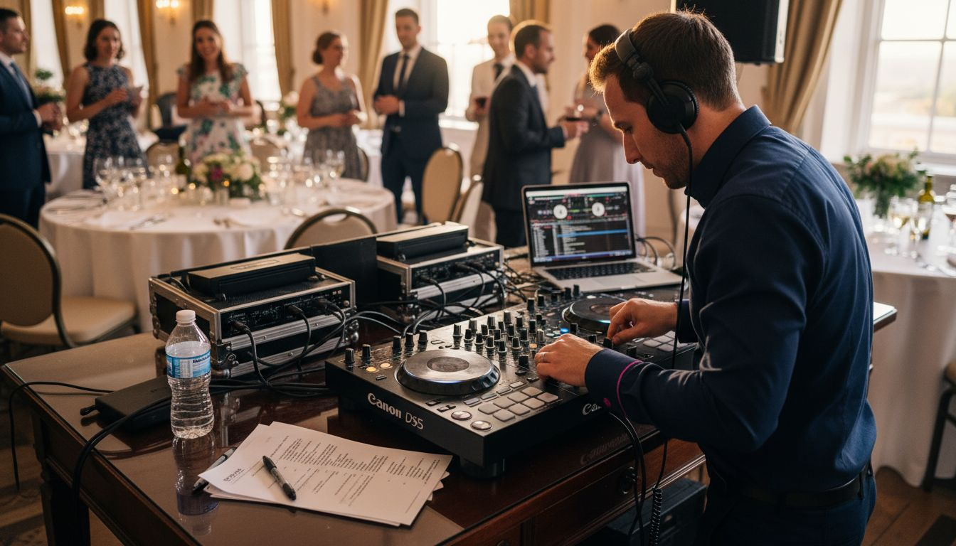 Wedding DJ mixing at reception table