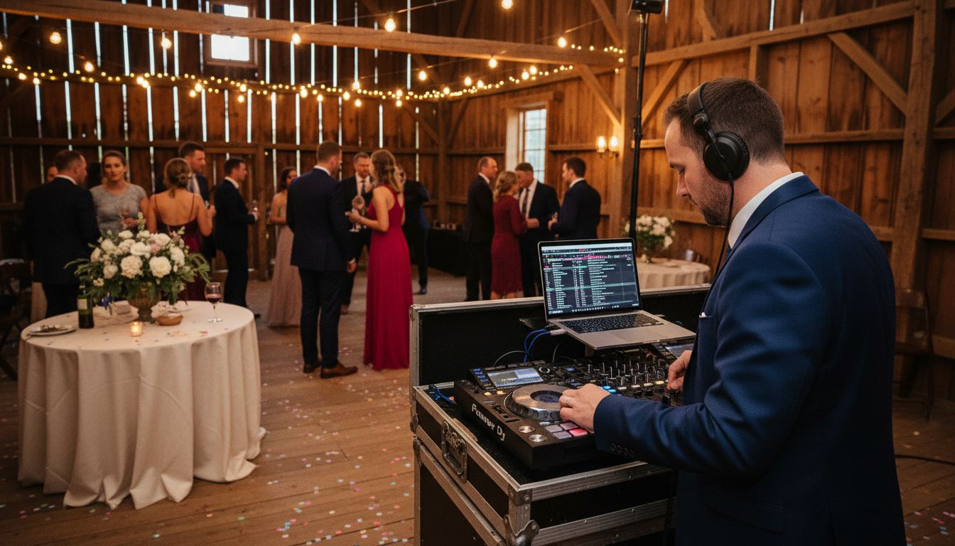 Wedding DJ mixing music at reception barn