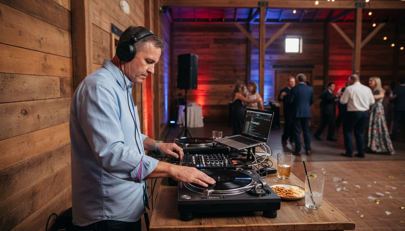 DJ performing wedding music at rustic Texas hall