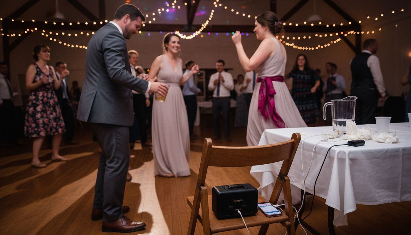 Guests dancing to playlist at casual wedding