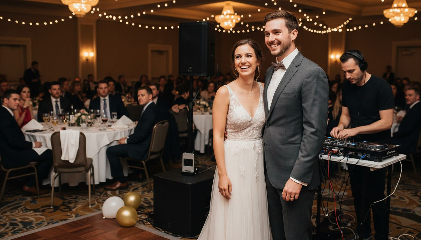 Bride and groom at wedding DJ booth