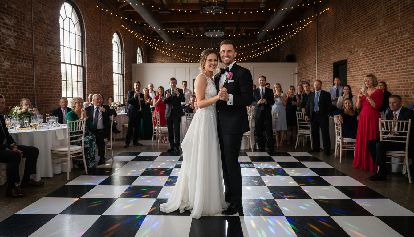 Bride and groom dancing under colorful wedding lights
