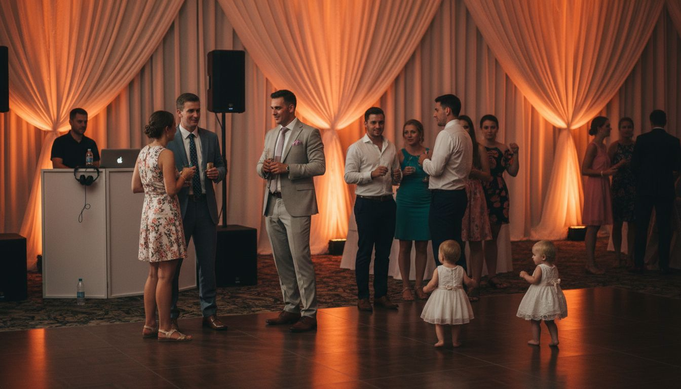 Guests mingling with dramatic reception lighting