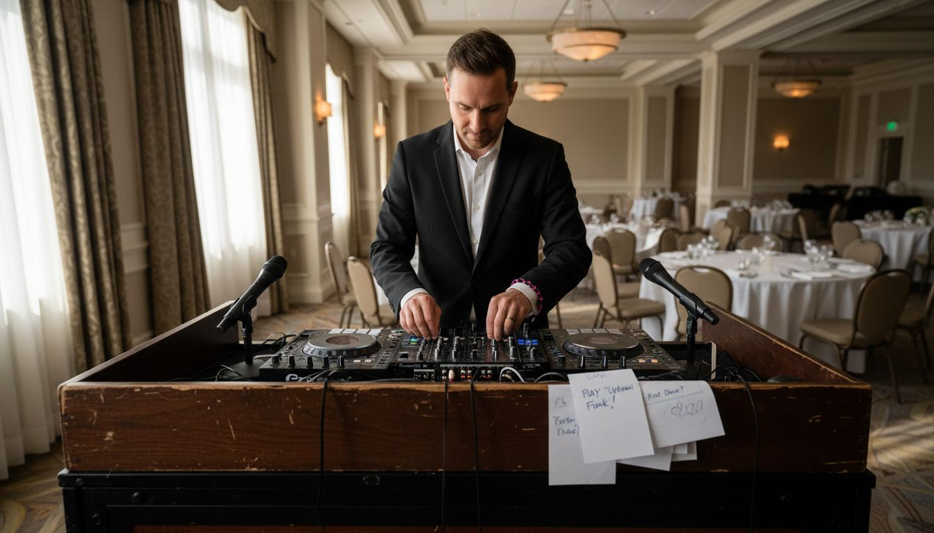 Wedding DJ preparing booth at hotel