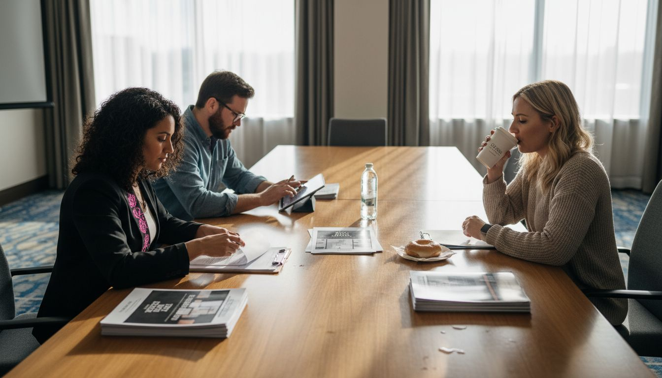 Event planners meeting with samples and coffee