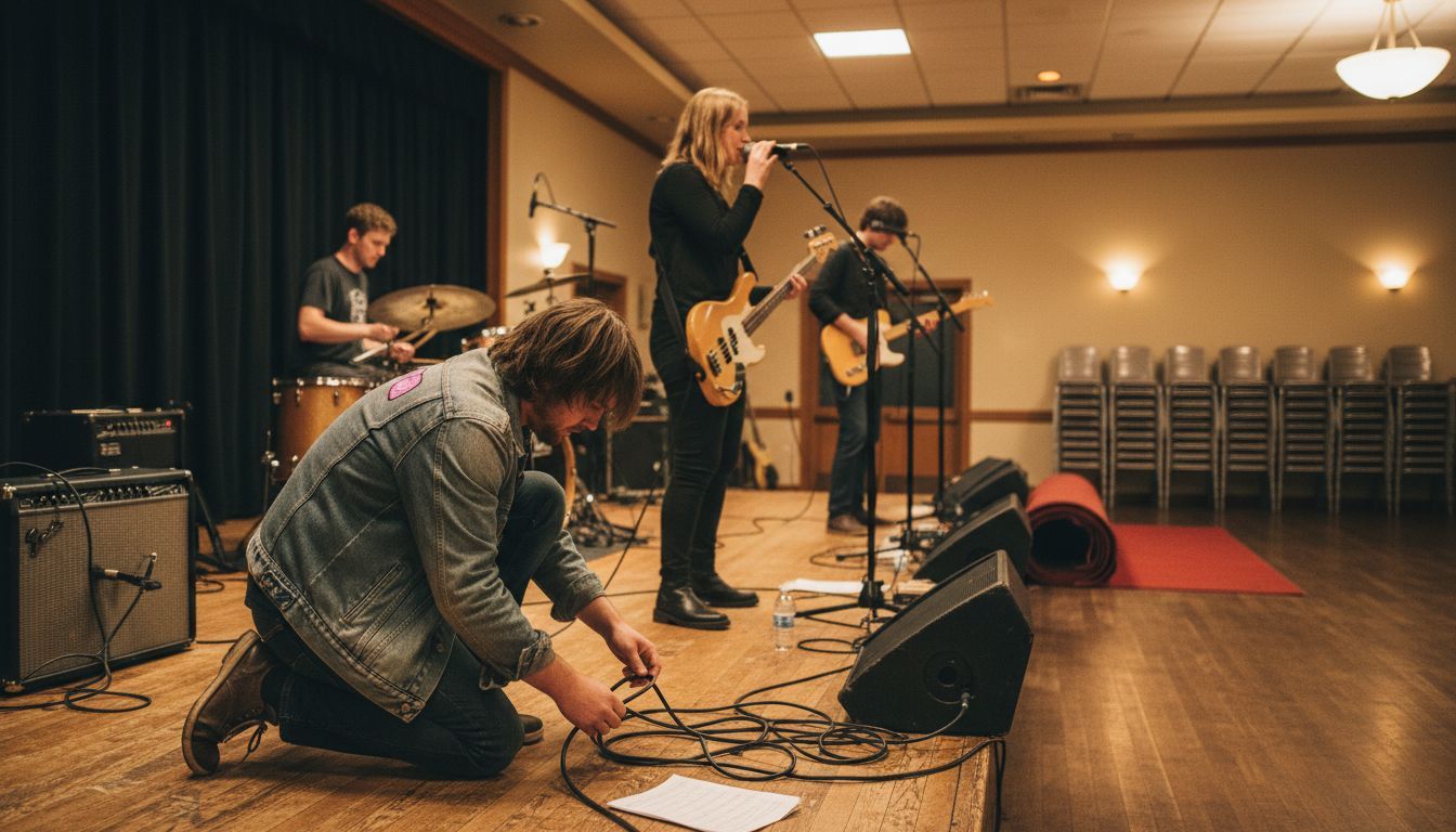 Band setting up on banquet stage with props