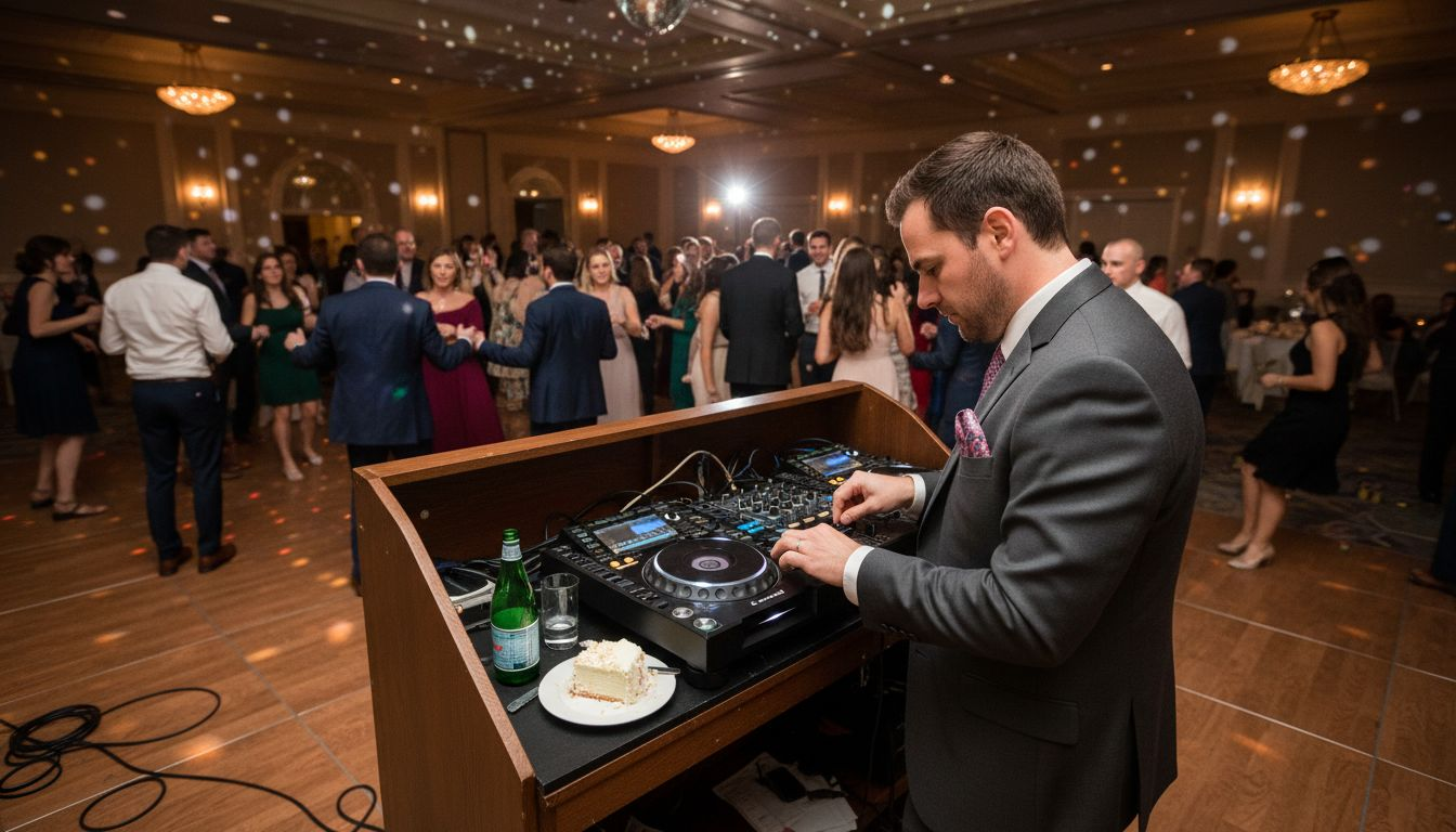 Wedding DJ mixing at lively reception