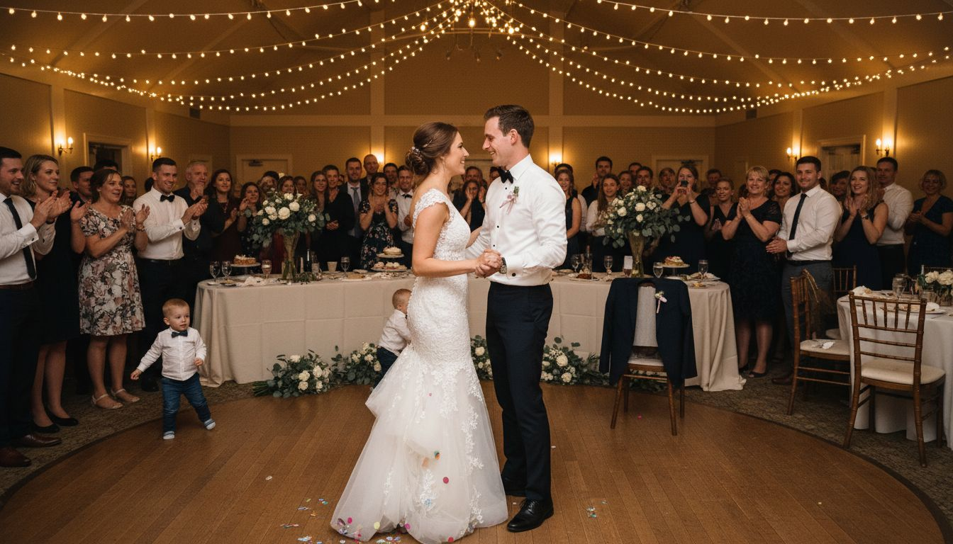 Couple dancing at lively wedding reception