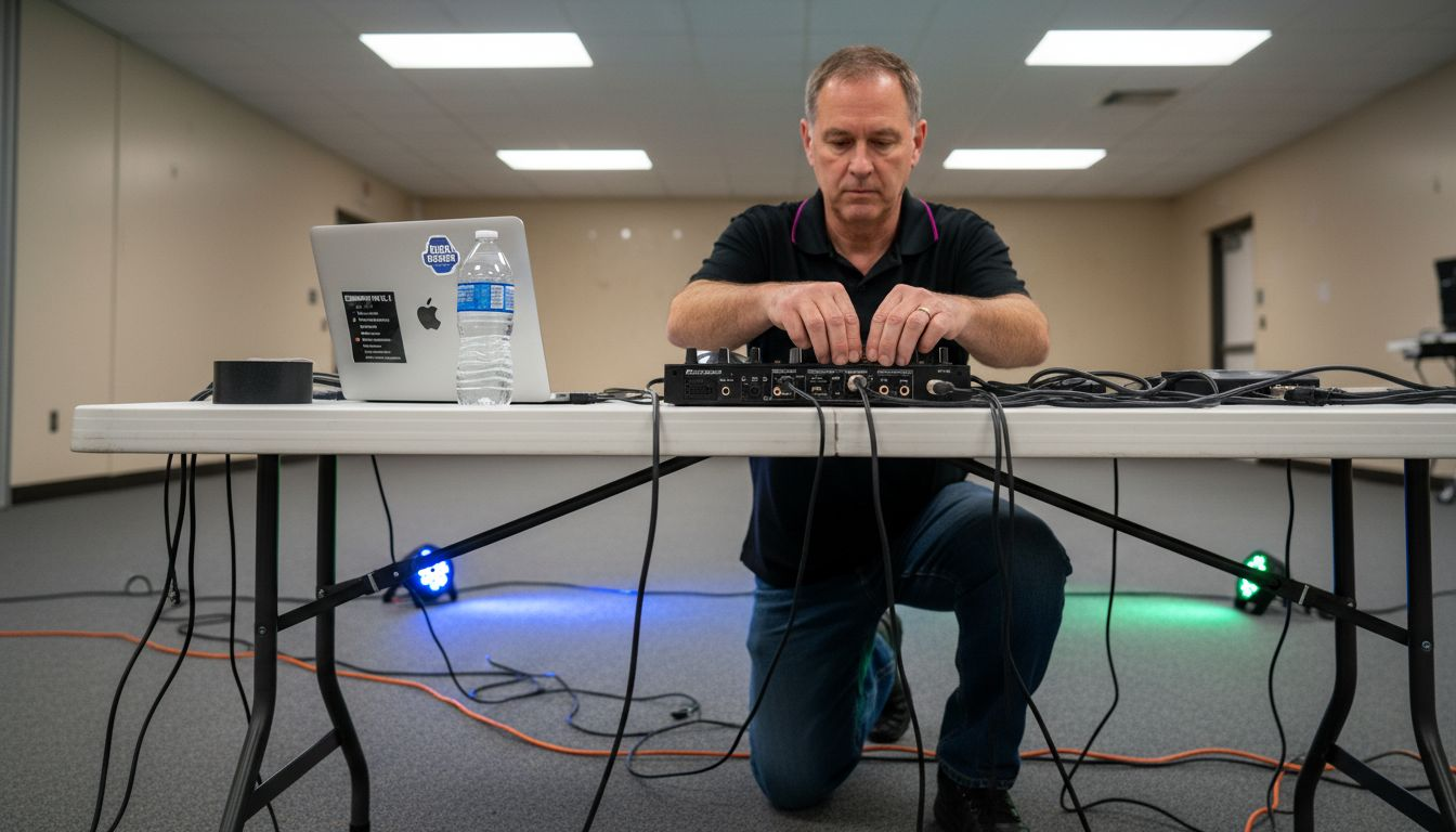 DJ setting up sound system at event venue