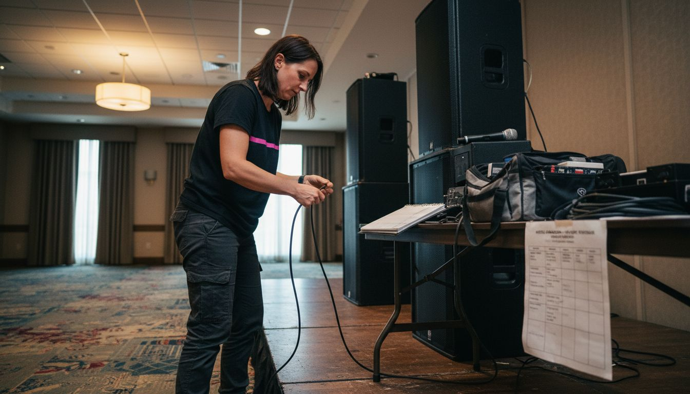 Mobile DJ arranging speakers and setup gear