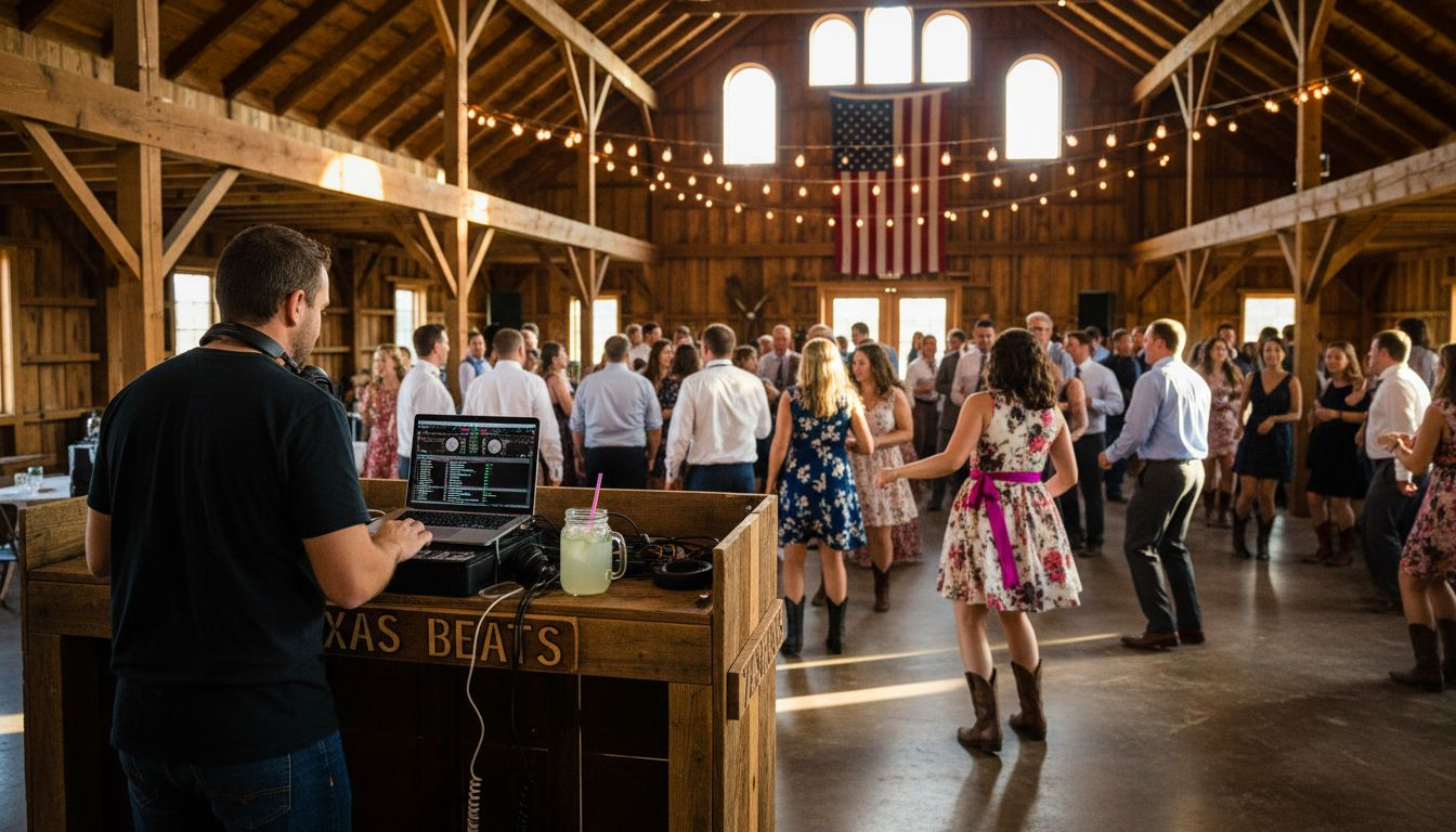 Texas DJ mixing music at rustic wedding
