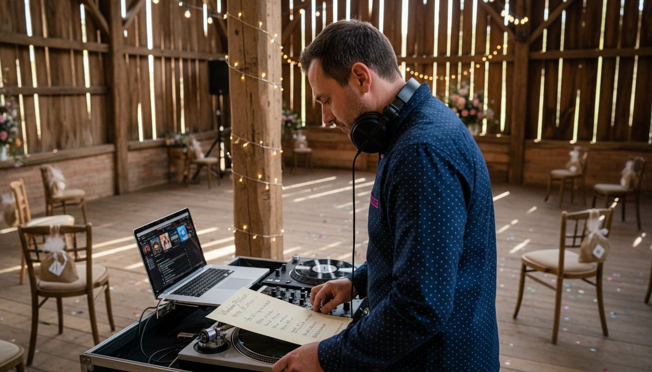 DJ setting up at rustic wedding