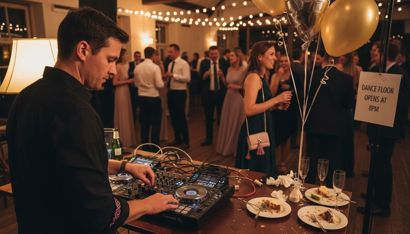 Wedding DJ adjusting music at reception
