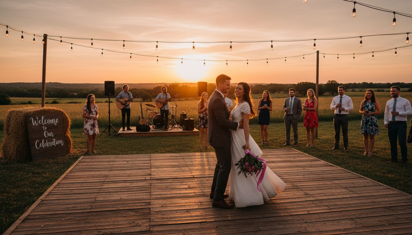 Texas wedding reception at sunset with dancing couple
