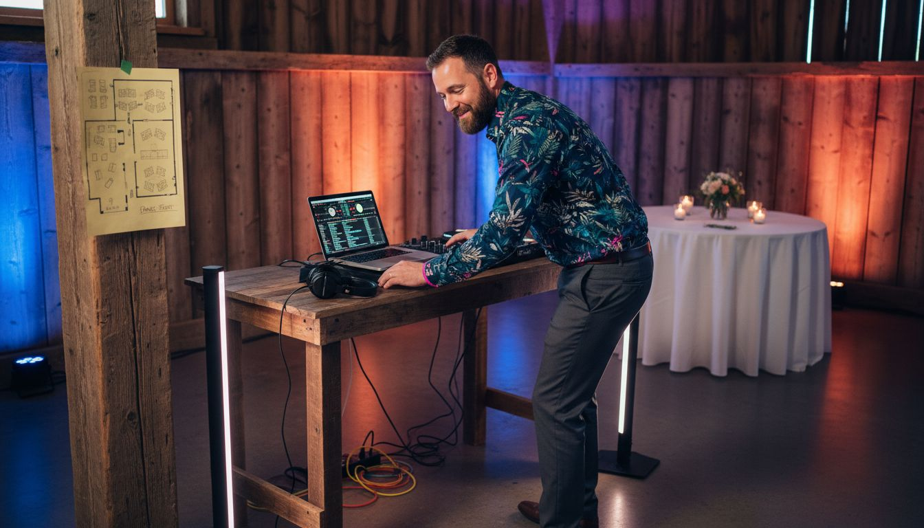 Wedding DJ adjusting lighting and equipment