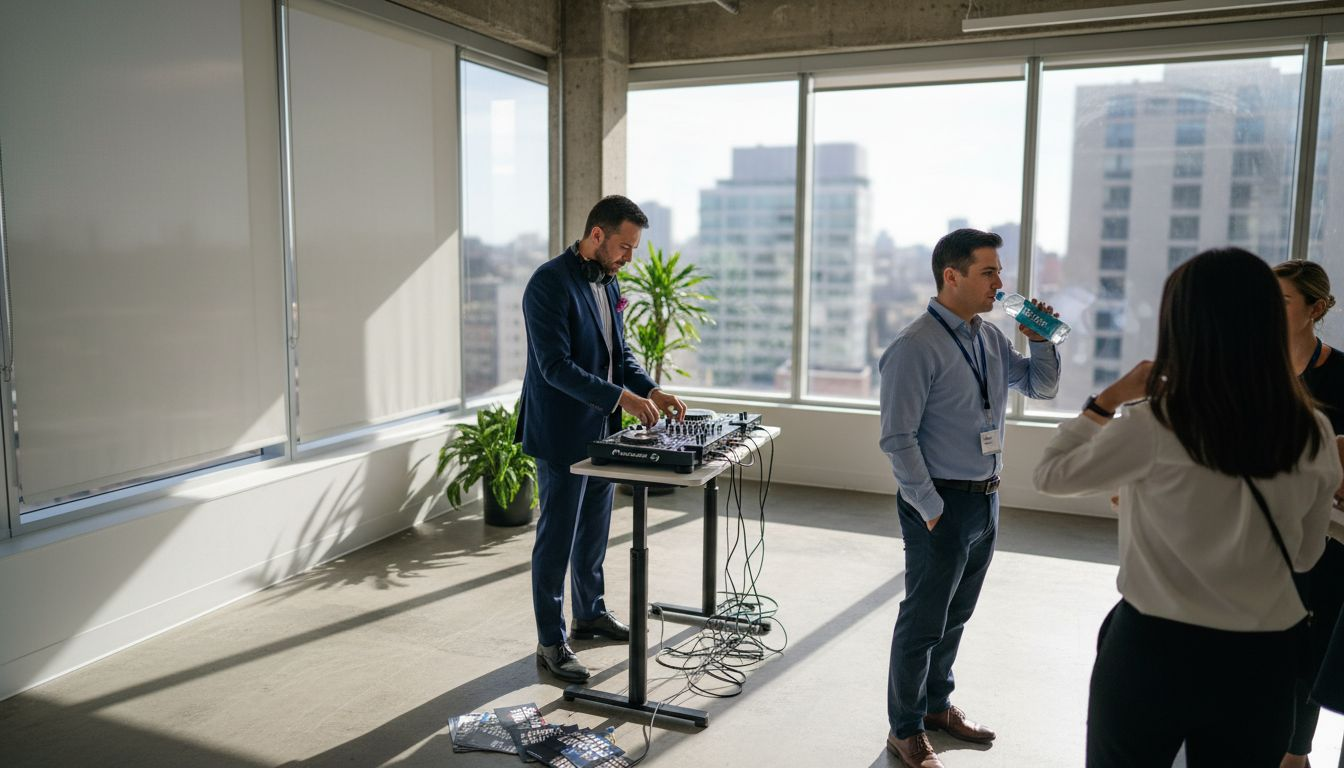 Corporate DJ mixing at office daytime event